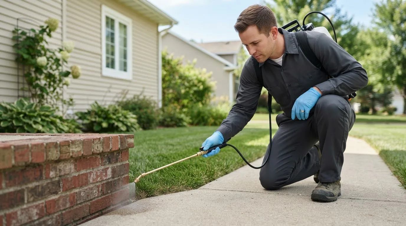 Pest control technician treating a home near Roslyn Heights, NY